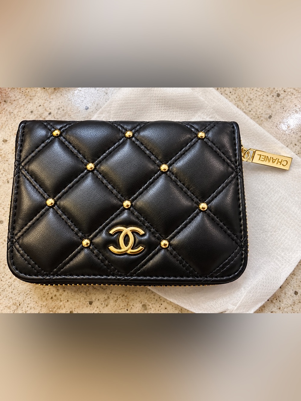 Unlisted Black Quilted Leather Zip Wallet with Gold Accents